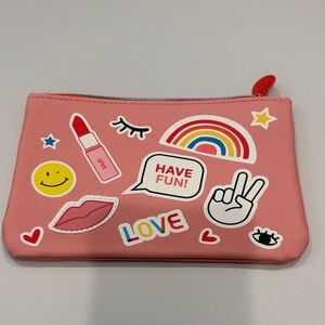 ipsy Pink Sticker Patch Pouch with Rainbow & Lip Motifs